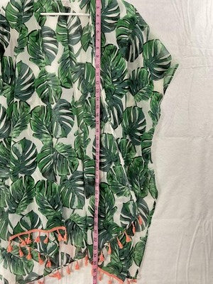 Tropical Kimono Blouse Womens One Size Green Leaf Sheer Tassel Hem Beach Coverup