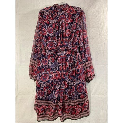 Donna Ricco Floral Tie Neck Dress Womens 14 Navy Red Chiffon Long Sleeve Pockets