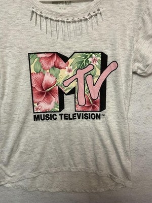 MTV Music Shirt Girls M Gray Floral Logo Cutout Scoop Neck Graphic Tee