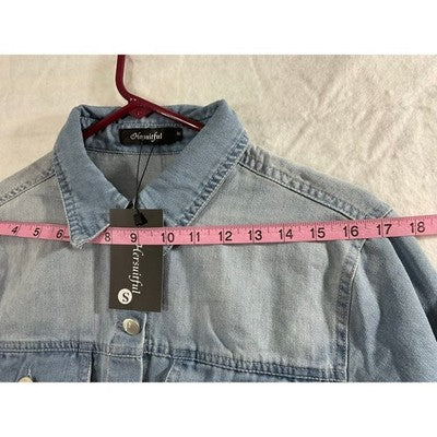 Hersuitful Denim Jacket Women Small Light Blue Raw Hem Pleated Shacket NWT