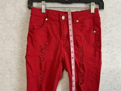 Bamboo Shorts Juniors 1 Red Distressed Denim Bermuda Raw Hem Stretch Casual