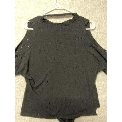 Poof Shirt Bodysuit Womens Medium Black Cold Shoulder Distressed Long Sleeve