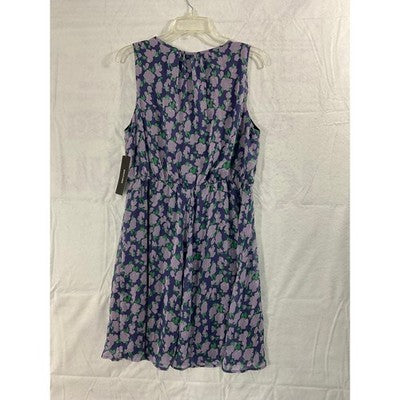 Gilli Floral Sleeveless Dress Womens L Purple Green Elastic Waist Keyhole D18751
