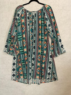 2B Together Dress Womens 3X Multicolor Geometric Bell Sleeve Boho Swing