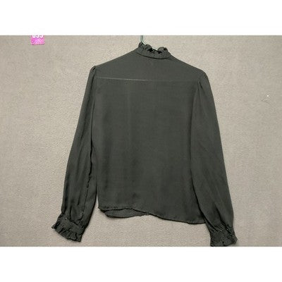 Vintage Sheer Black Long Sleeve Button Front Ruffle Cuff Blouse Career S