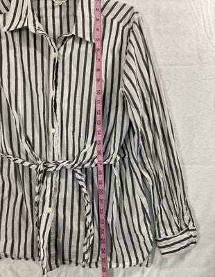 Max Studio Shirt Womens XL White Black Stripe Button Front Long Sleeve Tie Waist