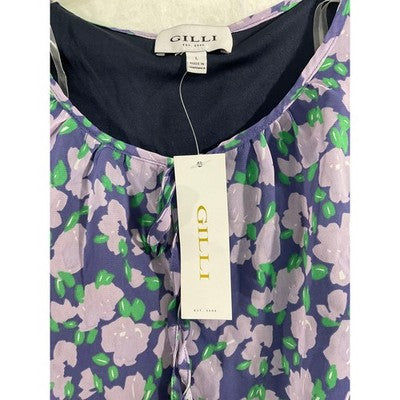 Gilli Floral Sleeveless Dress Womens L Purple Green Elastic Waist Keyhole D18751