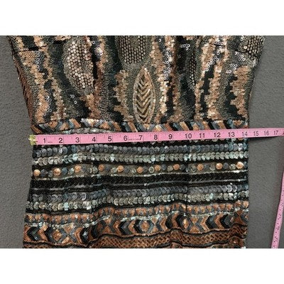 Sequin Midi Dress Side Zip Sleeveless Black Gold Tribal Sm/Med Party NWOT