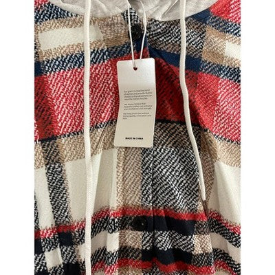 Exclusive Plaid Hooded Shirt Women Large Red White New Checkered Button Up Hoody