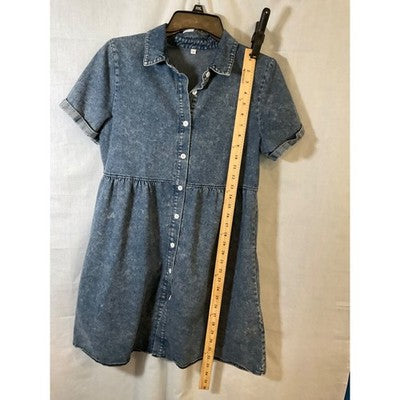 Y2K Jean Collared Denim Dress Large, School Girl Style, Short Sleeve, Button-Up