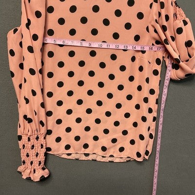 Haute Monde Pink Polka Dot Blouse Small Ruffle Neck Smocked Cuff Romantic Top