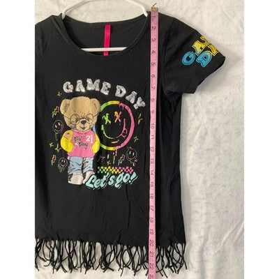 Game Day T-Shirt Girls 14/16 Black Sequin Fringe Bear Graphic Tee