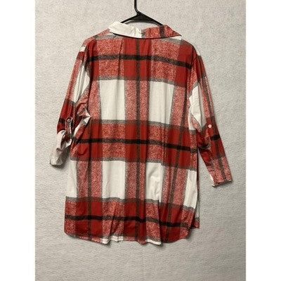 Ninedaily Shirt Womens 2XL Red White Plaid Button Up Tunic Top Pockets Casual