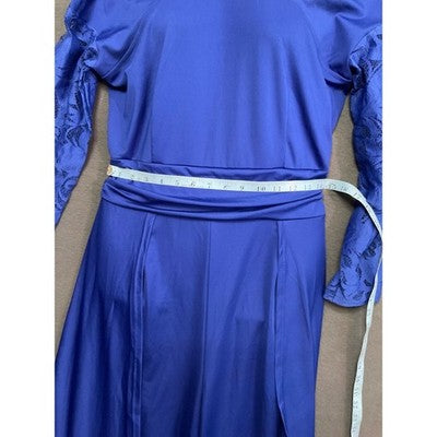 Women's Chic Blue Jumpsuit Lace Sleeve High Neck Lace Sleeves Evening Party Wear
