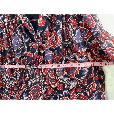 Donna Ricco Floral Tie Neck Dress Womens 14 Navy Red Chiffon Long Sleeve Pockets