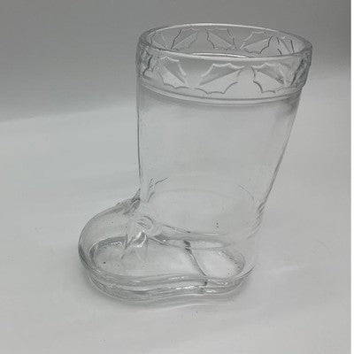 Glass Boot Mug Clear Holly Leaf Embossed Cowboy Christmas Decor