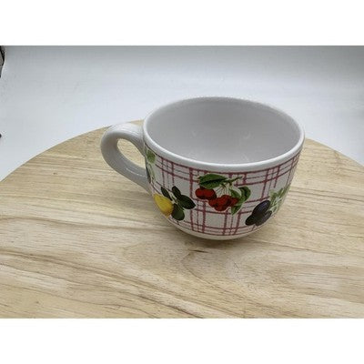 Ceramic Soup Mug Oversized Coffee Cup Fruit Pattern Red Plaid Handle Bowl VTG