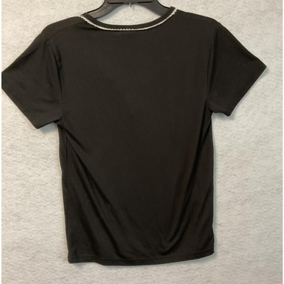 Ruffle Trim Henley Shirt Womens Small Black V Neck Stretch Short Sleeve Buttons