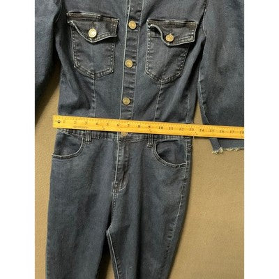 Women's Blue Denim Button-Up Jumpsuit S Fringe Collar Long Sleeve Retro 90's