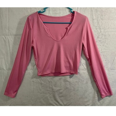 Ribbed Long Sleeve Top Womens Large Pink Notch Neck Cropped Shirt
