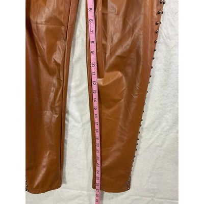 ChicMe Faux Leather Pants Women XL Cognac Brown Studded Tie Waist Trousers