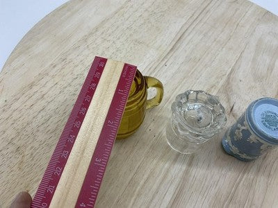 Vintage Wedgwood Shot Glasses Set Of 3 Mini Mugs Blue Clear Amber Glass Handles