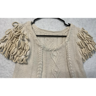 Sweater Womens Small Ivory Cable Knit Short Sleeve Loop Fringe Pullover Angora