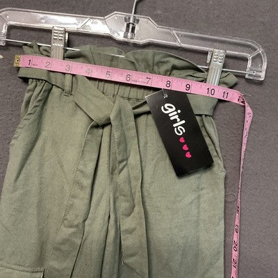 Green Paperbag Waist Pants NWT Girls  Size 3T Cotton Flex Cargo Pockets Belted
