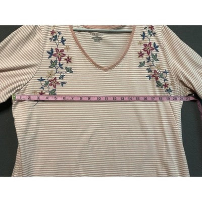 Lane Bryant Shirt Womens 18/20 Pink White Striped Embroidered Floral V Neck Top
