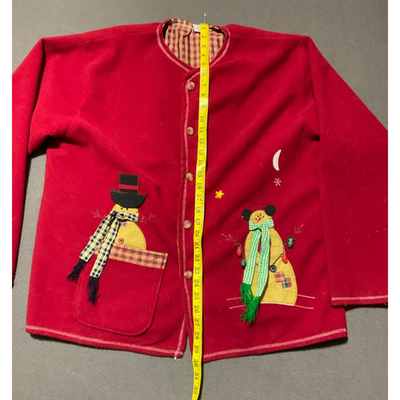Vintage XL Red Button-Up Holiday Cardigan Jacket/Sweater with Snowman Applique
