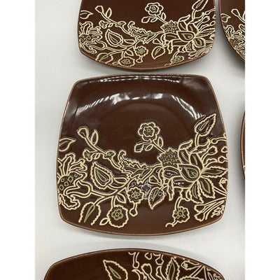 Jaclyn Smith Square 7" Plates Set of 6  Brown Floral Stoneware Salad Dessert