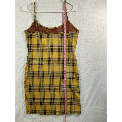 Popular 21 Plaid Mini Dress Womens L Yellow Black Bodycon 90s Style ST8008-CT