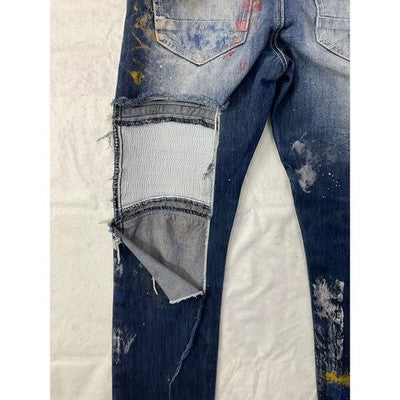 Smoke Rise Moto Jeans Men 32 Blue Distressed Paint Splatter Biker Denim Grunge