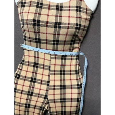 Plaid Sleeveless Jumpsuit Women's Beige & Black, S/XS, Ties in Back, Soft Fab
