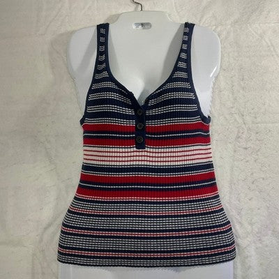 American Eagle Tank Top Womens XL Blue Red White Striped Ribbed Henley Shirt