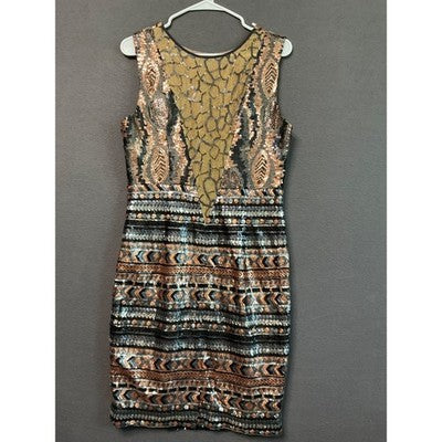 Sequin Black Gold Tribal Sm/Med Party NWOT Midi Dress Side Zip Sleeveless