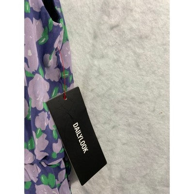 Gilli Floral Sleeveless Dress Womens L Purple Green Elastic Waist Keyhole D18751