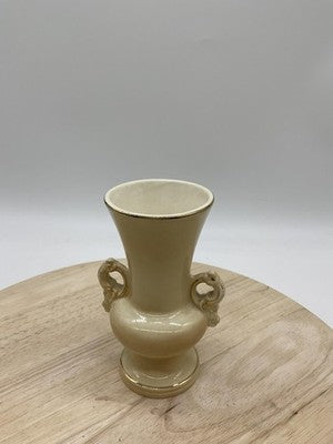 Ceramic Floral Vase Double Handles Cream Gold Trim Small Decorative Urn Table