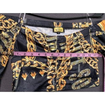 Women’s Off Shoulder Crop Top & Short Set L Black Gold Chain Link Graphic Print