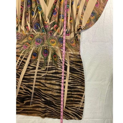 VTG Caren Sport Women Dress Tunic 2X Brown Peacock Feather Animal Print V-Neck