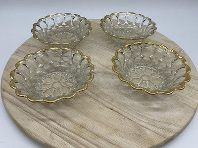 Dessert Bowls Set Of 4 Gold Rim Scalloped Circles Pattern Vintage Clear Glass