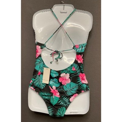 Ekouaer Women's One-Piece Swimsuit M Black Floral Tropical Crisscross Back NWT