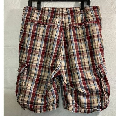 Nautica Cargo Shorts Mens 36 Red Blue Tan Plaid Cotton Relaxed Utility Pockets