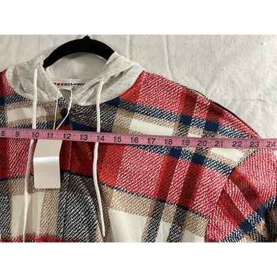 Exclusive Plaid Hooded Shirt Women Large Red White New Checkered Button Up Hoody