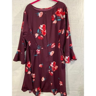 Old Navy Fit & Flare Dress Womens XXL Burgundy Floral Fluted Sleeve Smocked Mini