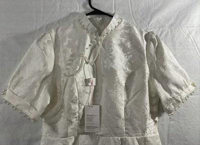 Doveyaf Dress Womens 2XL White Jacquard High Neck Puff Sleeve Qipao Wedding NWT