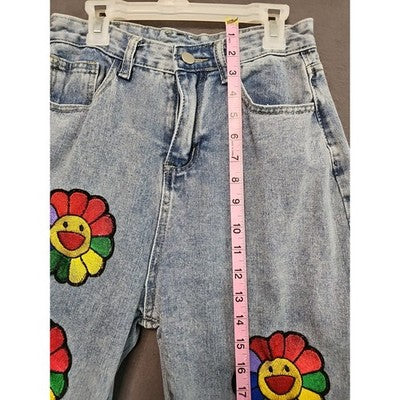 Vintage-Inspired Rainbow Flower Jeans L 25W 27L Straight Leg Ripped/Distressed