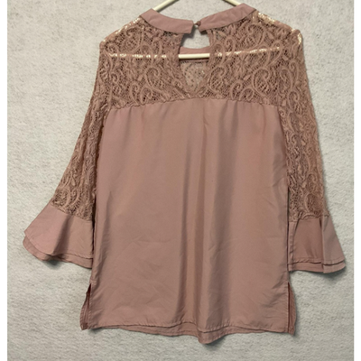 Zanzea Shirt Womens Small Pink Lace Bell Sleeve High Neck Blouse Top Casual