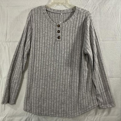 DOLNINE Shirt Womens 2XL Gray Ribbed Knit Henley Long Sleeve Tunic Top Stretch