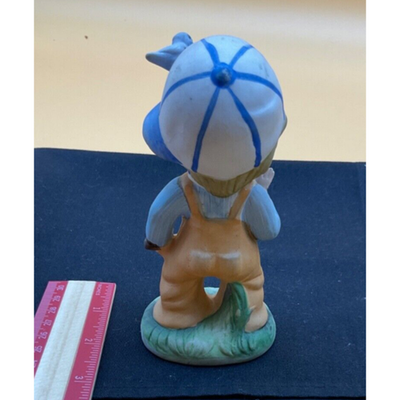 1970s Homco Boy Figurine with Baseball Cap & Blue Bird, 5" Tall,